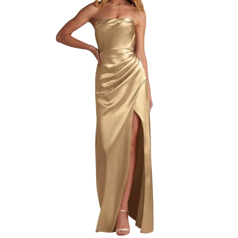 Azazie Leonis Champagne Gold Metallic Satin Mermaid Gown NWT A8 Formal Evening - Picture 15 of 16